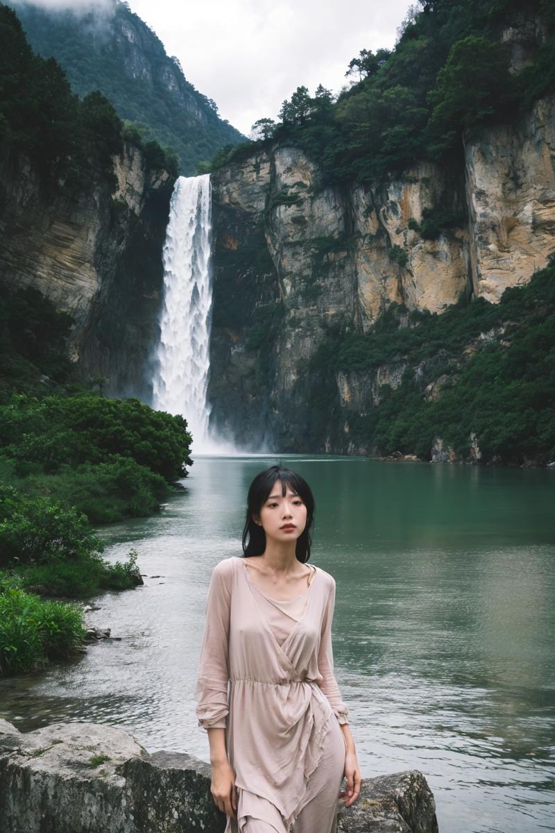 08853-2320012054-Beneath a towering cliff,a woman stands with a cascading waterfall behind her. The weather is overcast,casting the scene in a pa.png